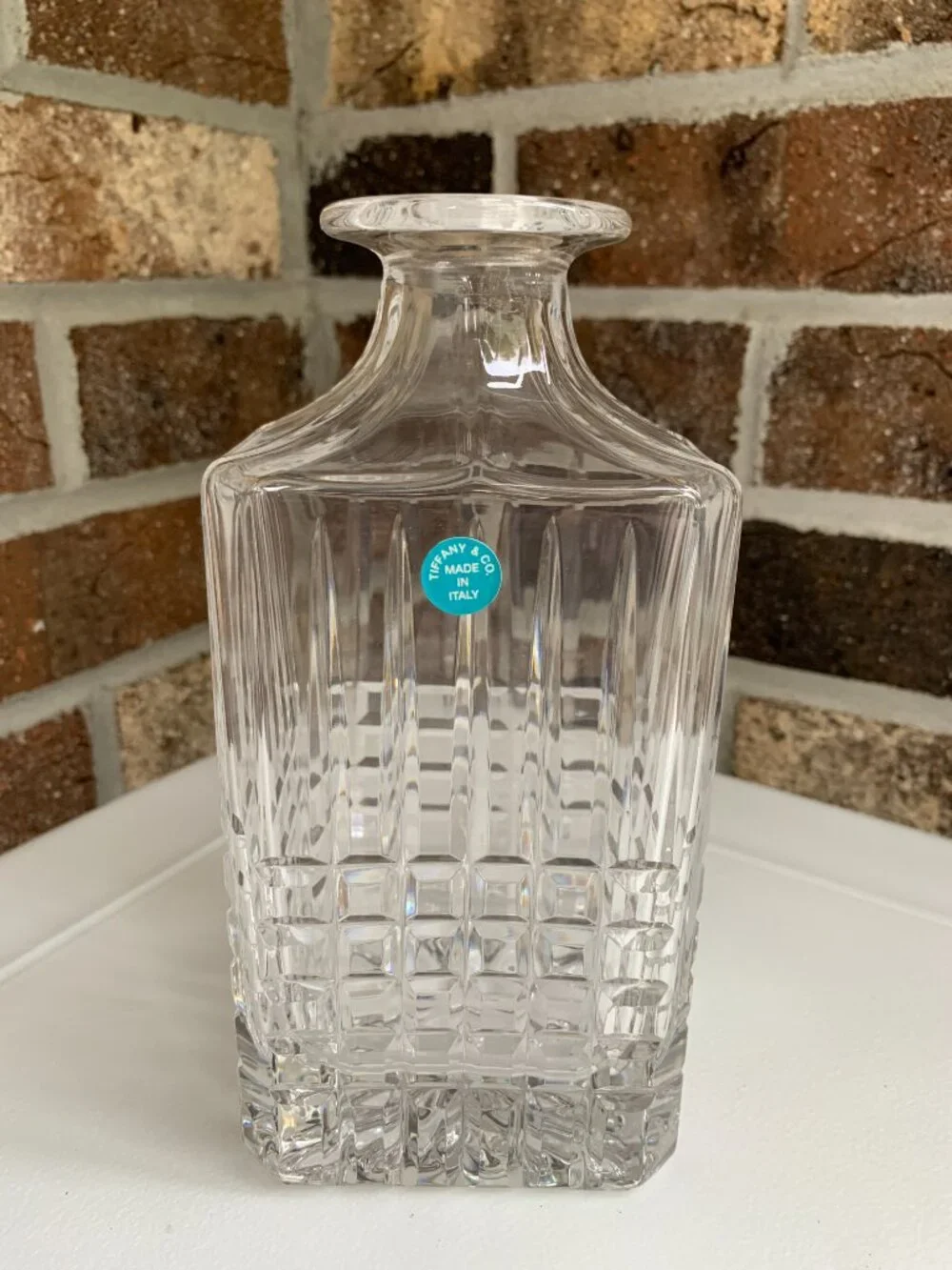 Tiffany & Co Plaid Lead Crystal Whiskey Decanter w Stopper Sticker Signed 10”
